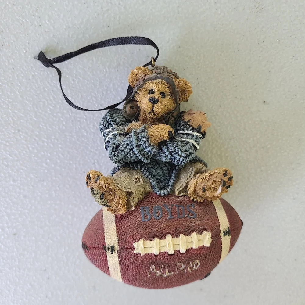 Boyds Bear Football Ornament - Brown Bear Blue Sweater Crossing Arms Number‎ 11